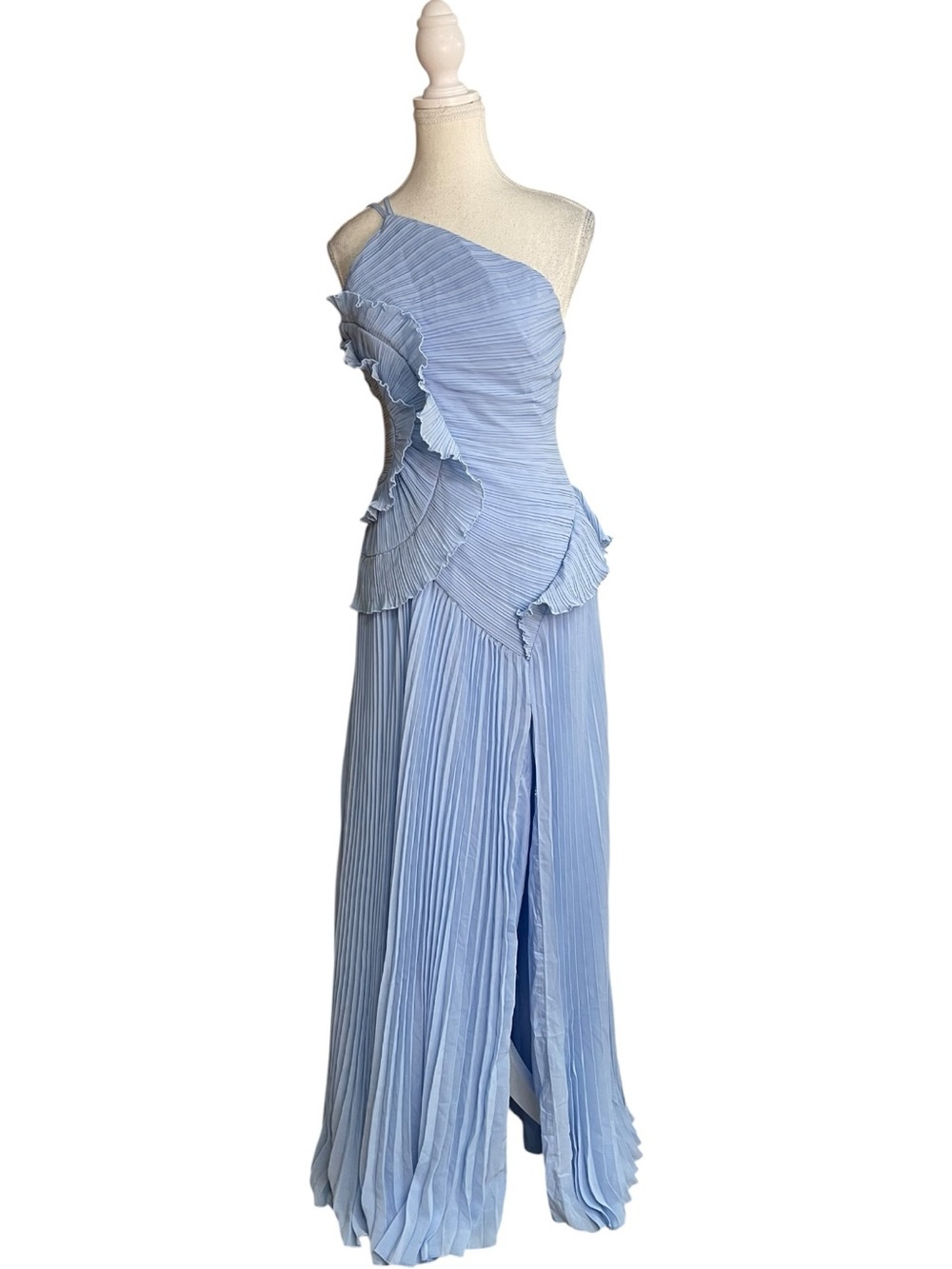 Lulus Magdalene Asymmetrical One-Shoulder Pleated Maxi Dress Powder Blue
